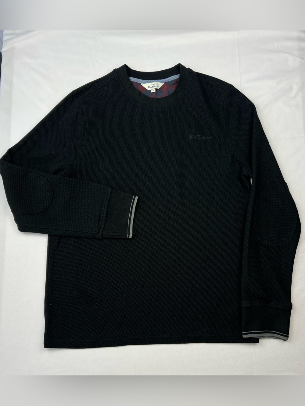 Ben Sherman Waffle Knit Long Sleeve Crewneck Shirt with Elbow Patches (Black) M